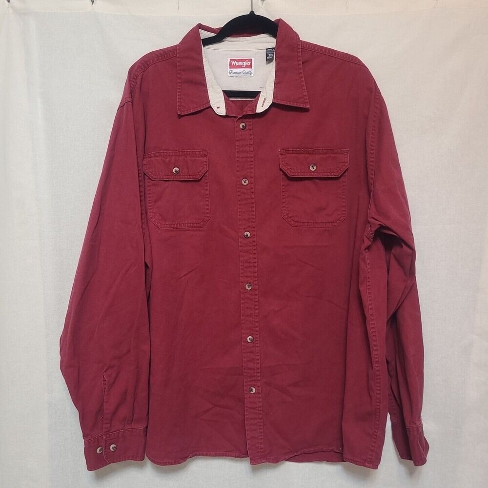 Wrangler Work Shirt Mens 2XL Premium Quality Long Sleeve Pockets Maroon Cotton